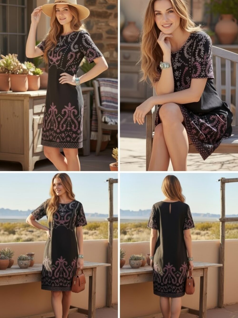 Sundance Vivienne Eyelet Embroidered Shift Dress Black Pink Ombré Size 4
